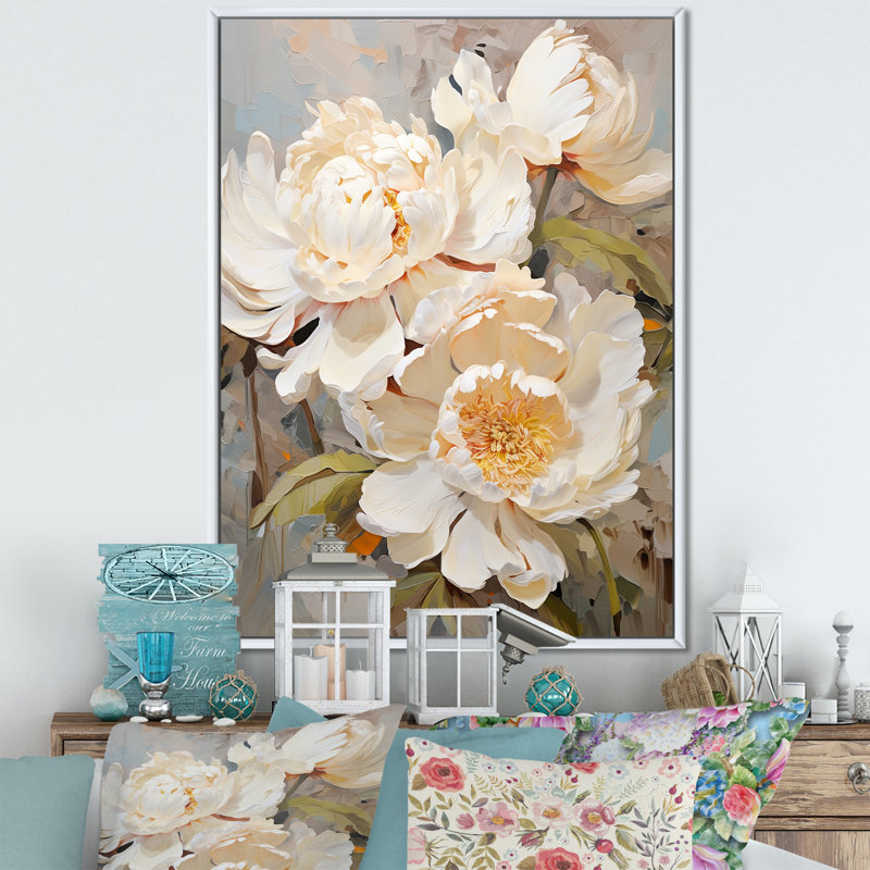 «Beige fragrant pivoine» sur toile, H 40 po x l 30 po x P 1,5 po, Cadre flottant blanc