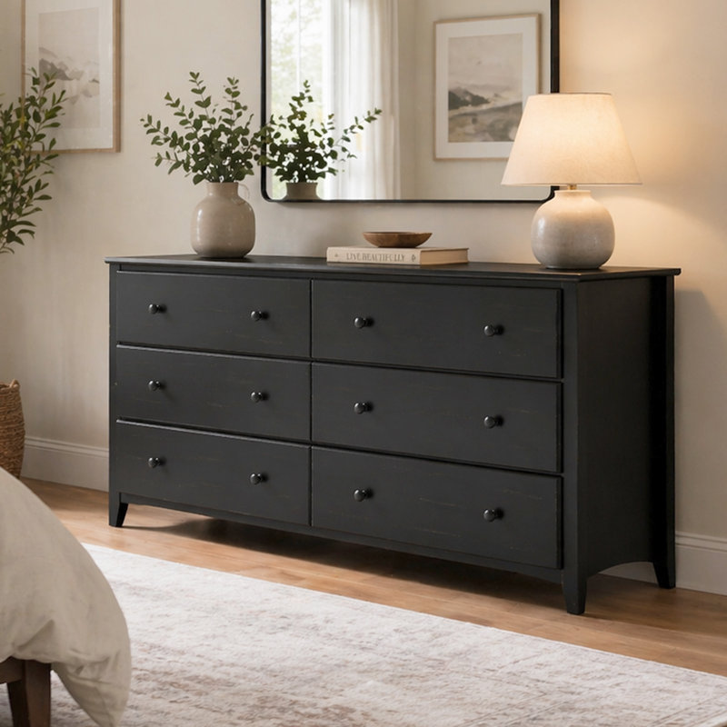 Commode 6 tiroirs en pin, Enduit noir