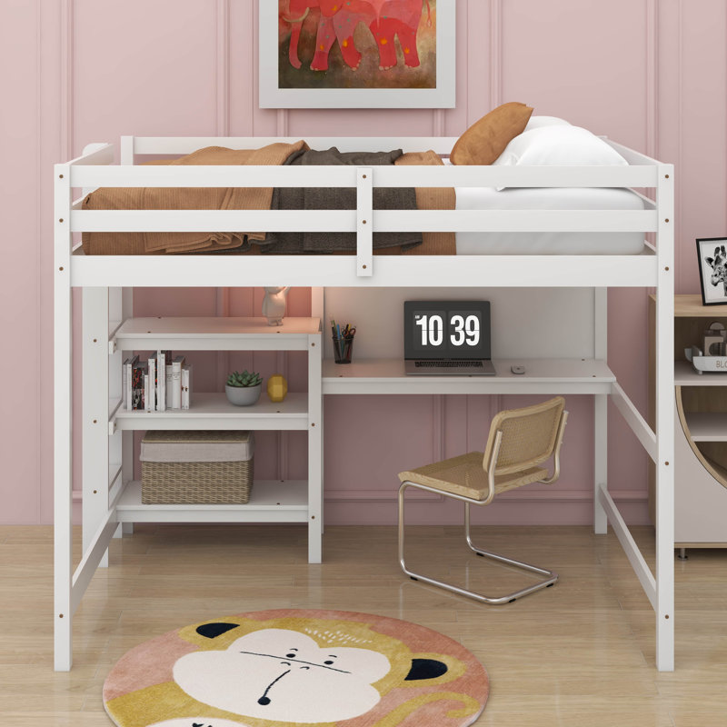 Full Size Wooden Loft Bed With Shelves, Desk And Writing Board, Full, White