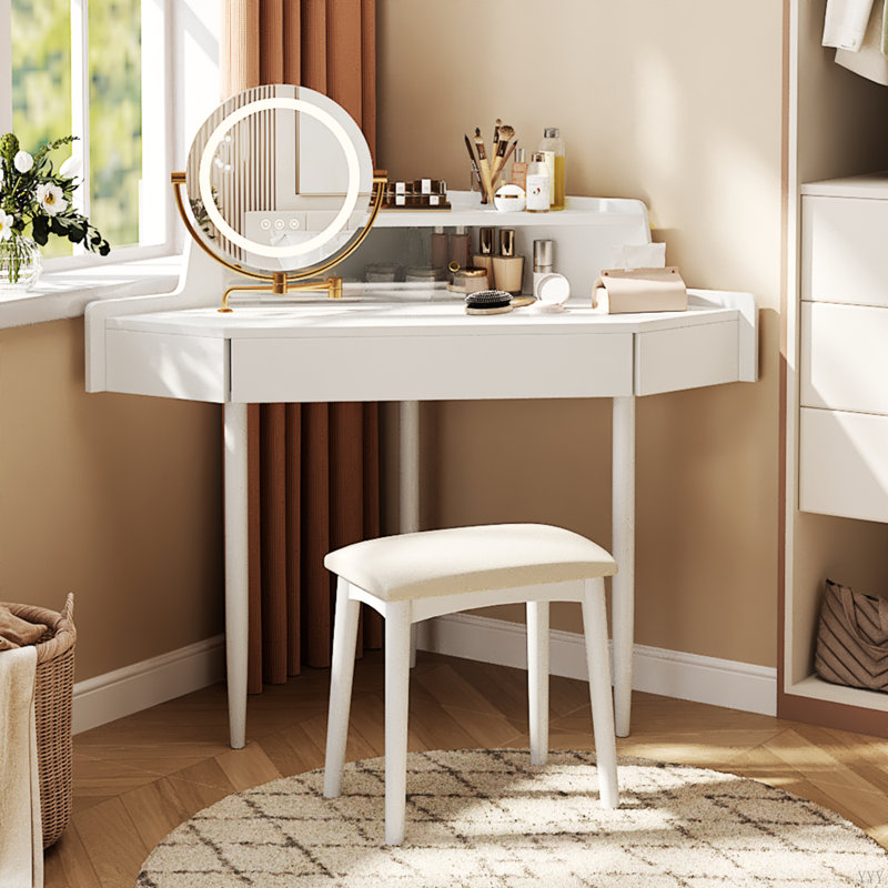 Meuble-lavabo de coin moderne avec grand rangement, miroir DEL et tabouret, luminosité réglable, peu encombrant
