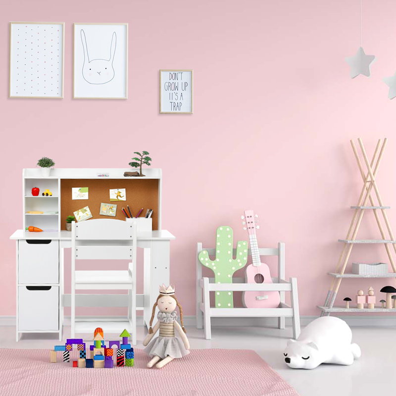 Ensemble de bureau et chaise pour enfants, table d'étude en bois avec tablette de rangement, babillard, ensemble de bureau d'apprentissage pour enfants, table d'écriture pour garçons et filles