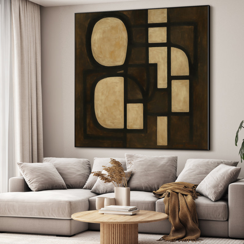 Très grande reproduction d'art géométrique audacieuse - brun foncé et beige, œuvre d'art moderne Mid-Century pour le salon ou la chambre à coucher, assemblage requis (assemblage requis)