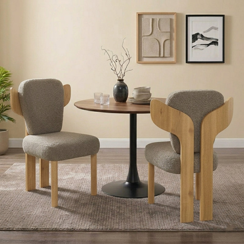 Brayden Upholstered Dining Side Chair with Wooden Legs (Set of 2), Tan, Natural Wood