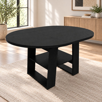 Table de salle à manger ronde extensible pour 4 à 6 personnes avec rallonge intégrée, table de cuisine transformable en ovale avec piètement en H et tablette de rangement, noire