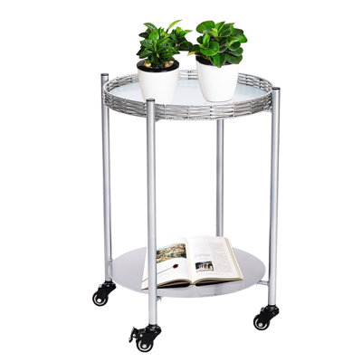 Silver Metal Round Side Table With Wheels And 2 - Tier Storage, Suitable For Bedroom, Living Room, Bathroom, Effortless Mobility, Frame Design Coffee Wheels, Ideal As End Next To , Smooth Moving On