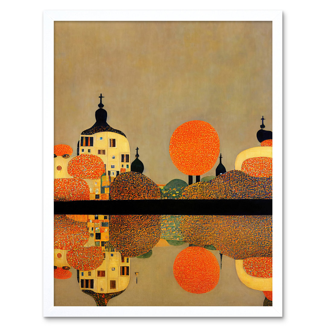 Klimt Style Autumn Lakeside Town Church - Print
