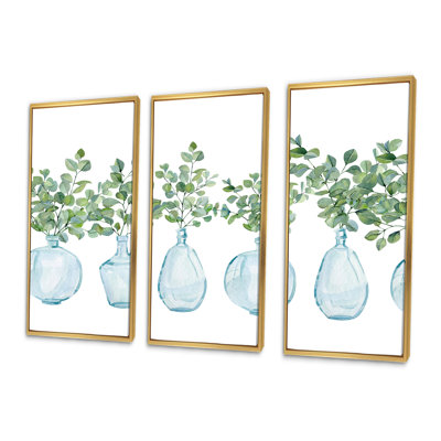 Plantes d'intérieur dans un vase en verre, branches d'eucalyptus II - ensemble d'art mural sur toile encadré traditionnel de 3