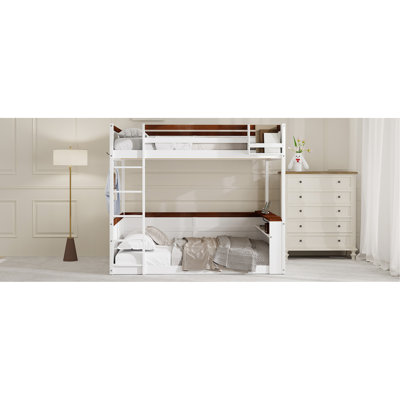 Queen Size Wooden Bunk Bed With Built-In Shelves,Storage Box,LED Light And USB Charging Station,White