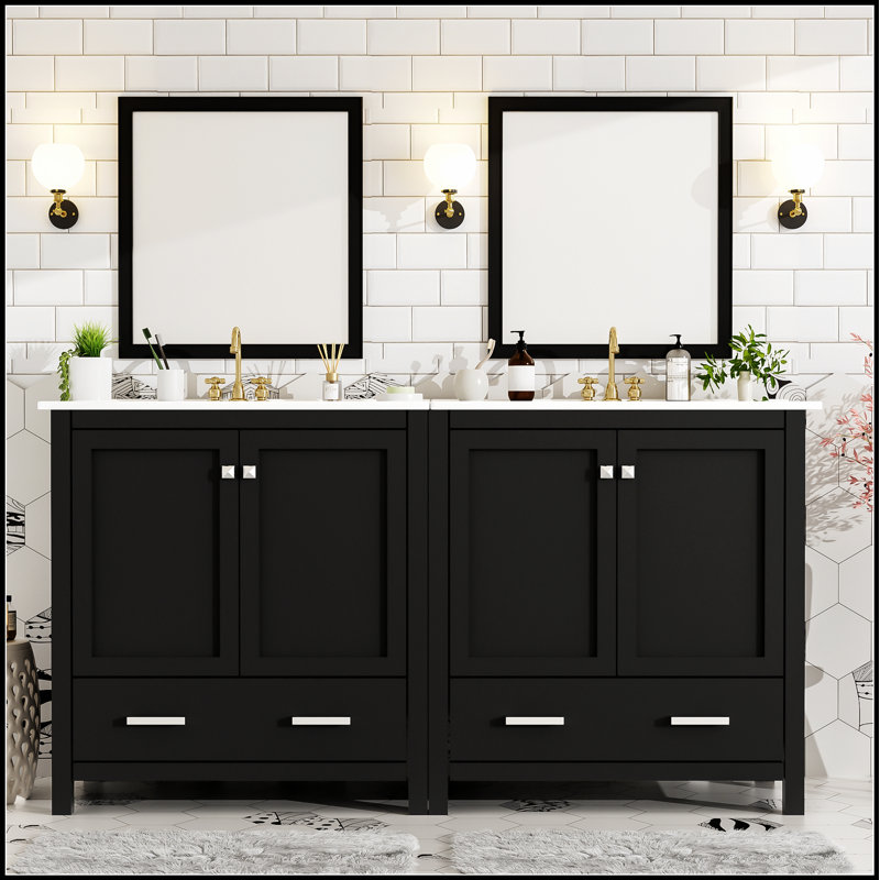 Ensemble de meuble-lavabo noir 60 po avec double meuble-lavabo, lavabos en céramique, tablette de rangement et tiroirs divisés - une solution moderne pour les salles de bain spacieuses