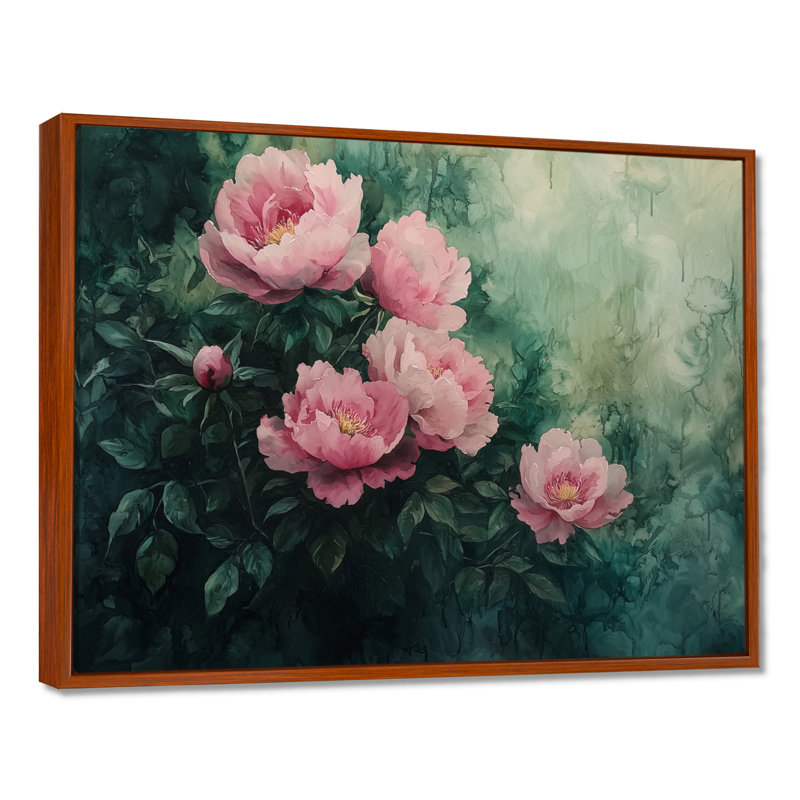 Été rose aquarelle pivoines Bloom II - pivoines, art mural, H 30 po x l 40 po, Cadre flottant brun