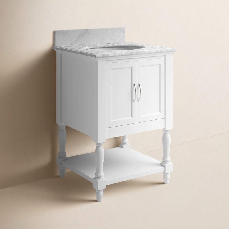 Hampton 24'' Single Bathroom Vanity with Top, White, Carrara Marble