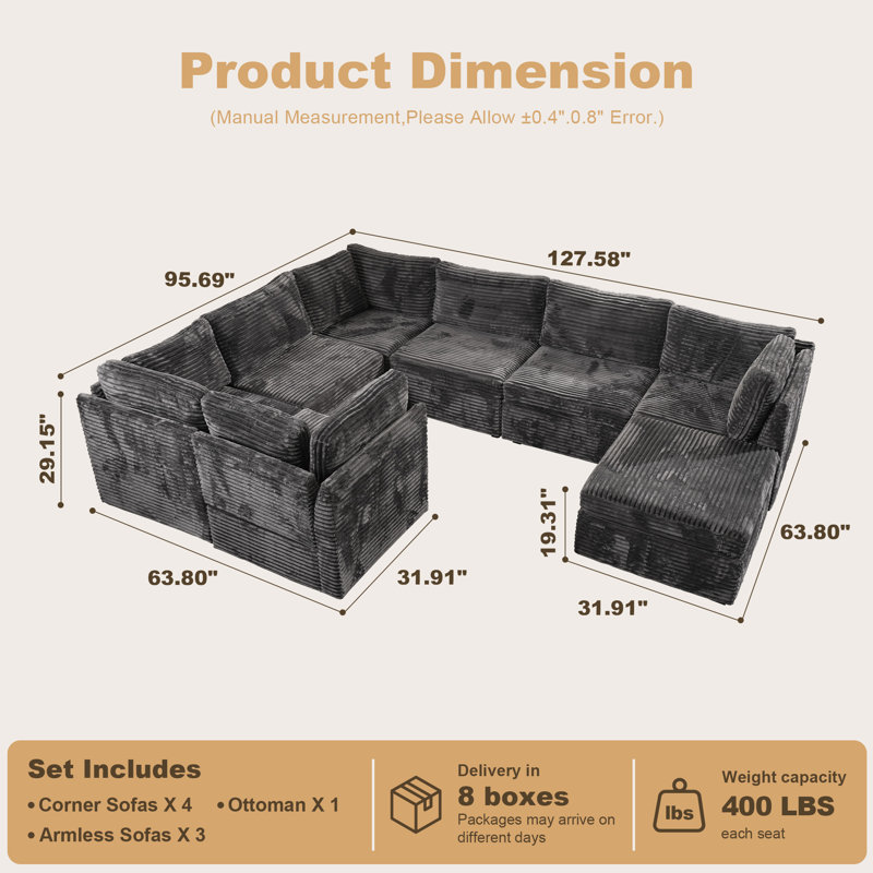 Ensemble de salon modulaire 8 pièces en velours côtelé moelleux avec repose-pieds, ensemble de salon rembourré et moelleux
