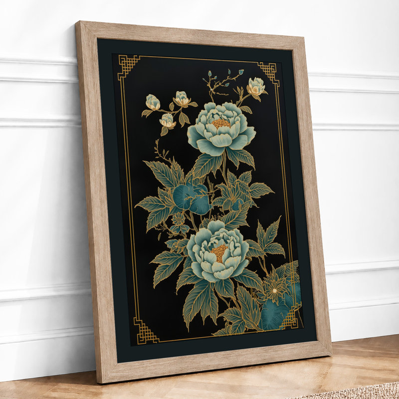 Peonies and Gold Botanical - Framed Print, A2 - 59.4 x 42.0 cm, Oak