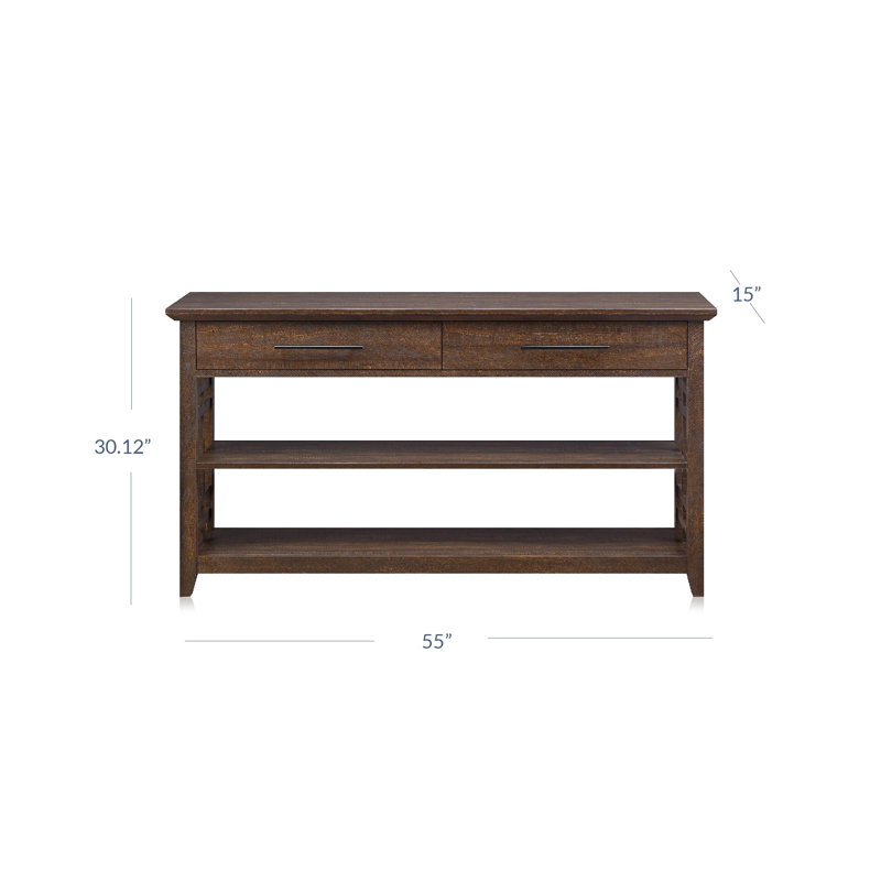 Console moderne de 55 po avec 2 tiroirs et 2 tablettes ouvertes, Espresso