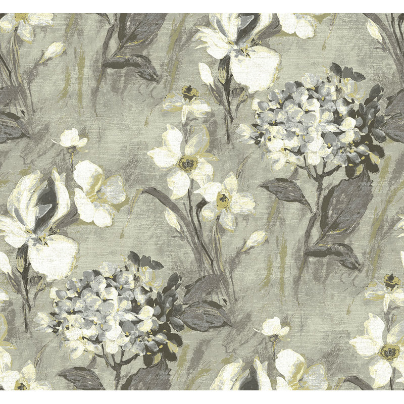 Rouleau de papier peint l 27 pi x l 27 po hortensias Posey, Gris acier / gris anthracite