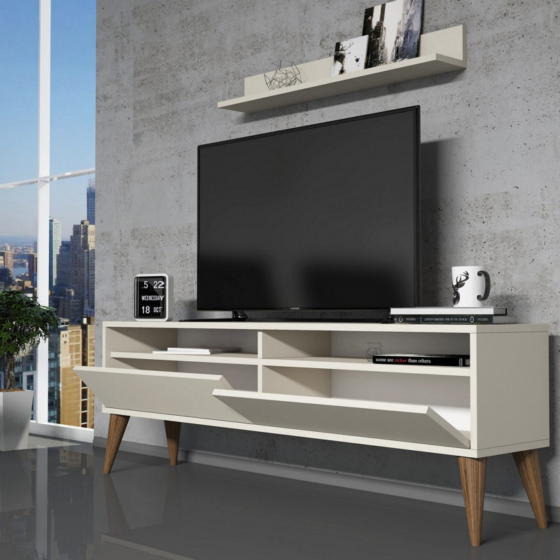 Meuble télé moderne avec tablette murale 59,1 po x 19,7 po x 11,8 po Modern | 100% panneau de particules enduit de mélamine, épaisseur: 0,7 pouce | Conception peu encombrante avec plusieurs tablettes, parfaite pour les salons élégants