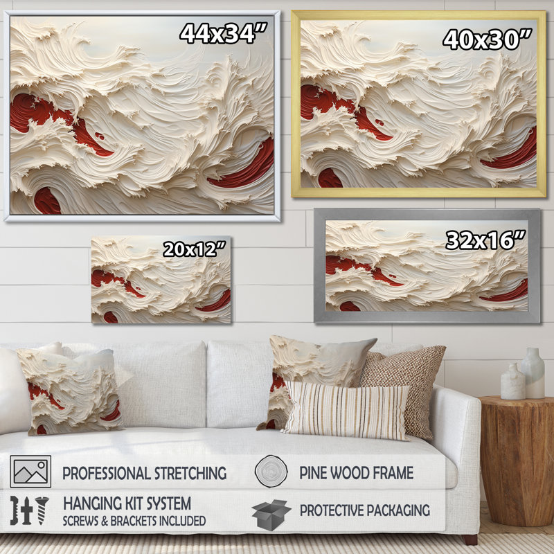 «White and Red Wave Papercut Style - Coastal Waves», reproduction sur toile, H 34 po x l 44 po x P 1,5 po, Toile tendue