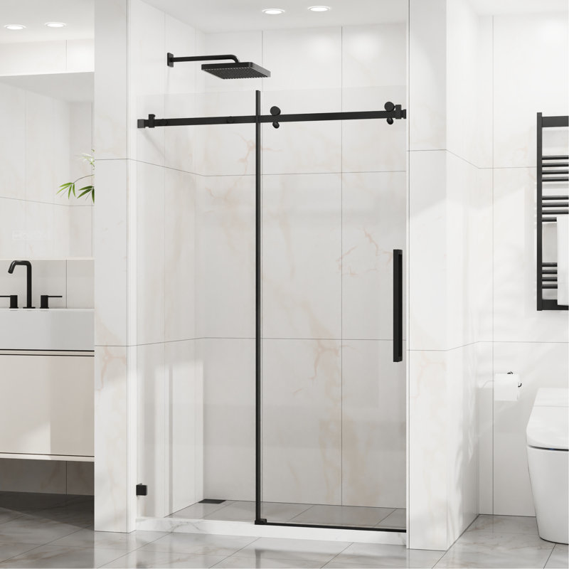 Porte de douche en verre trempé de 6 mm de largeur, l 48 po x H 72 po, ouverture réversible, coulissement en douceur dans la salle de bain en verre noir mat de 6 mm de 1/4 po, performance imperméable et silencieuse
