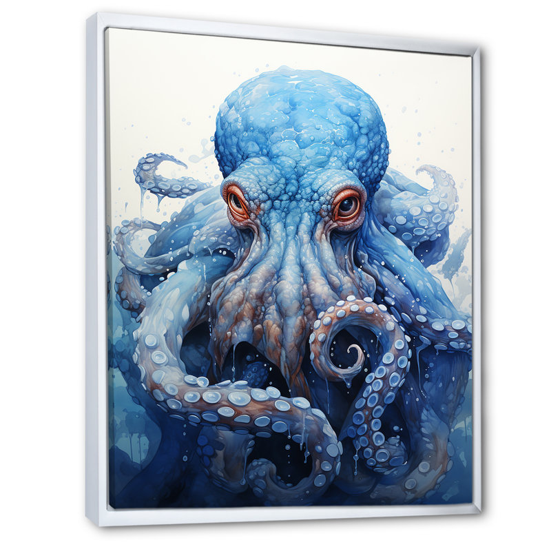 Angry Marine Grace Octopus - Octopus / calmar animal, art mural, Cadre flottant blanc, H 20 po x l 12 po x P 1 po