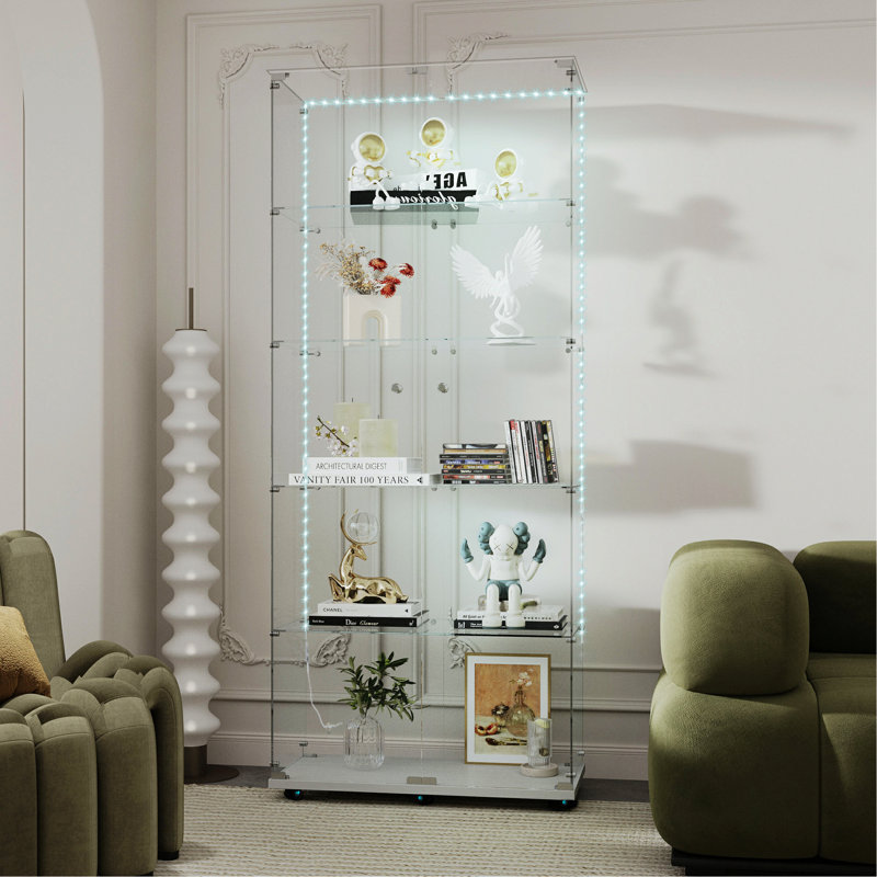 Armoire décorative en verre trempé, vitrine, armoire de rangement avec bandes lumineuses à DEL Bluetooth et plateau en verre trempé