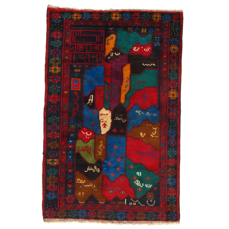 Tapis rouge / bleu / noir à motif géométrique fait à la main Lesile