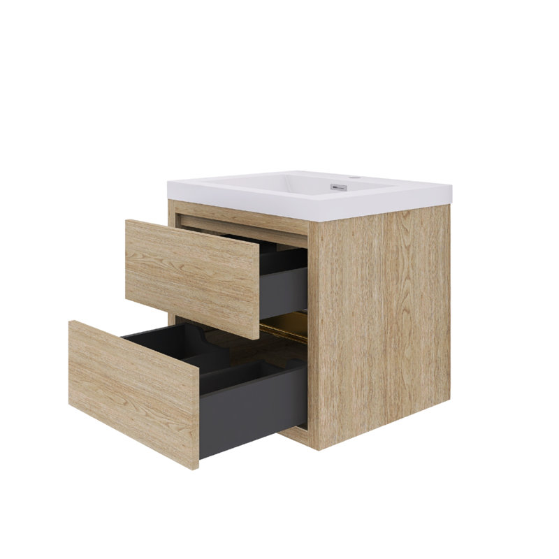 Glossy White Wall-Mounted Bathroom Vanity With Stone Resin Countertop And Soft Close Drawers, 24", Natural Oak
