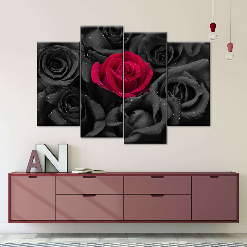 Ensemble de 4 pièces de roses rouges gothiques sur toile, H 27 po x l 43 po x P 1,25 po