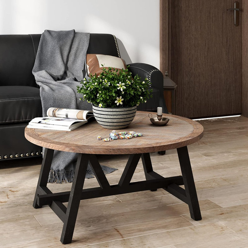 Johana Rustic Farmhouse Coffee Table with Geometric Base, Round French Country Accent Table
