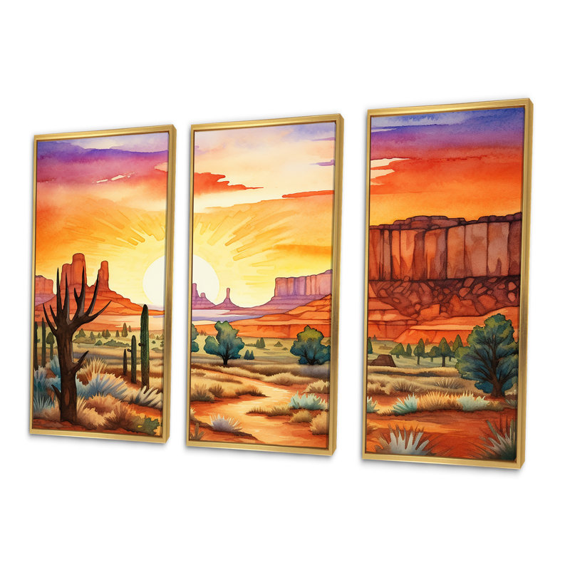 Native Navajo Landscape III - Ensemble de décoration murale d'art amérindien, Cadre flottant doré, H 32 po x l 48 po x P 1 po