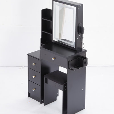 Meuble-lavabo gauche avec siège rembourré, 2 ports AC +, très grand miroir à DEL tactile, réglages, bureau d'ordinateur noir et tabouret - et miroir à commande tactile, style américain