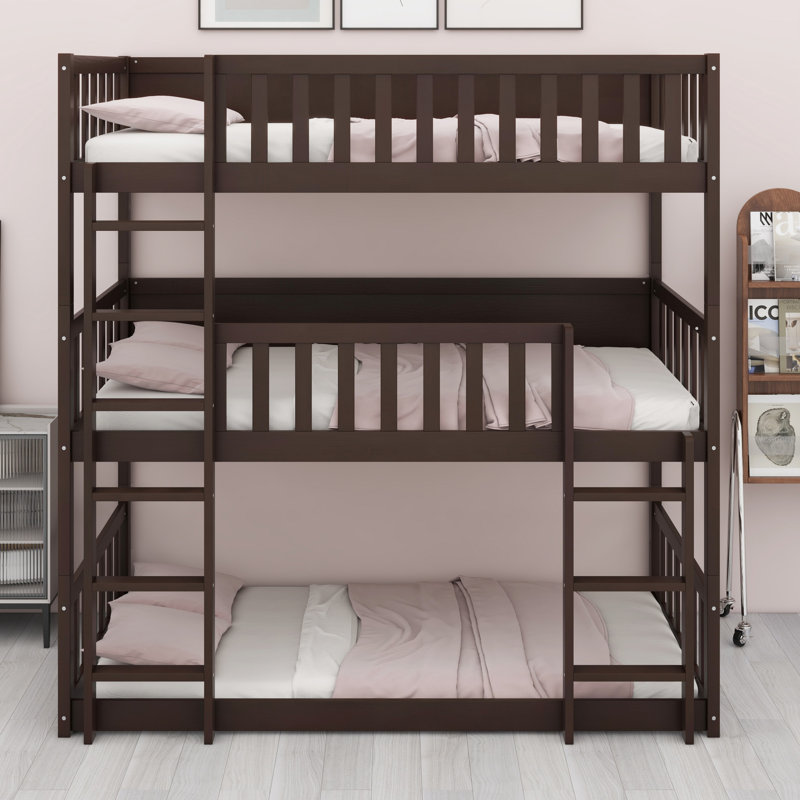 Triple Wood Bunk Bed, With Ladders, Guardrails Detachable Bunk Bed, Espresso