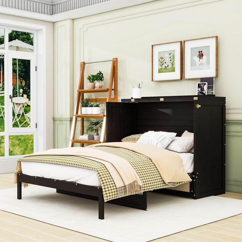 Lit escamotable double avec tiroirs de rangement et lattes, Espresso, Full / Double