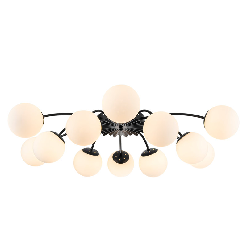 Black Frame Opal Glass Globe Blossom Flush Mount Ceiling Light, 8.7" H x 39" W x 39" D, 12 Lights