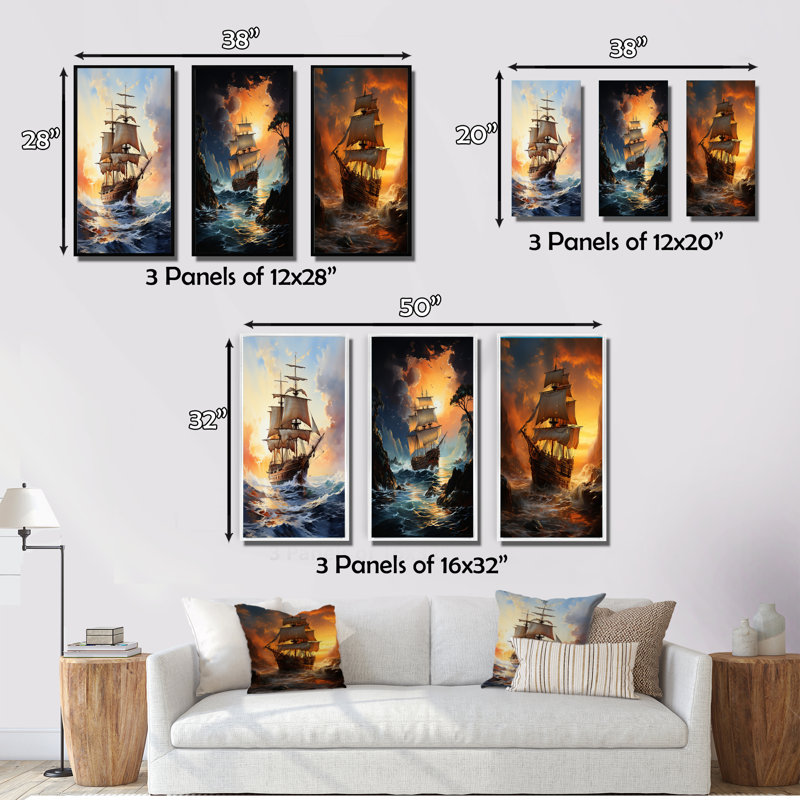 " Pirate Boat Raid To The Tresor " 3 - Pieces, Wrapped Canvas, 40" H x 60" W