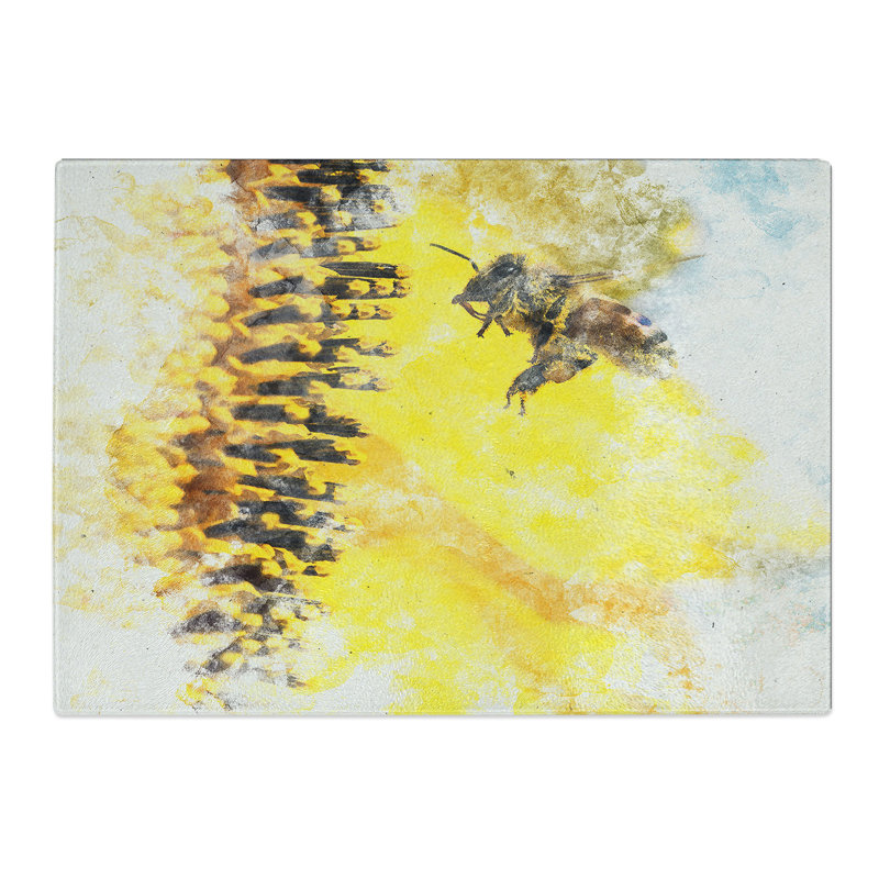 Tempered Glass Busy Bee and Yellow Flower Chopping Board, 20 cm x 28.5 cm