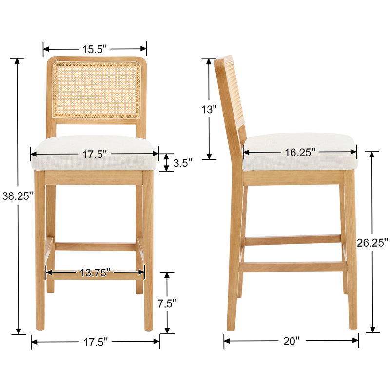 Upholstered Counter Stool with Solid Wood Frame, White Chenille, Natural
