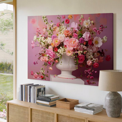 Toile, art mural, grand vase rempli d'un assortiment luxuriant de fleurs roses, blanches et jaunes de qualité supérieure, prêt à être accroché moderne