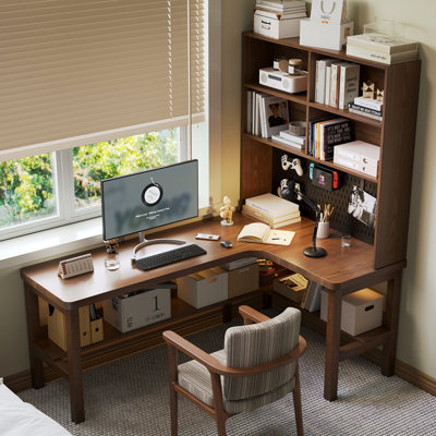 Solid Wood L-Shaped Desk with Integrated Bookshelf