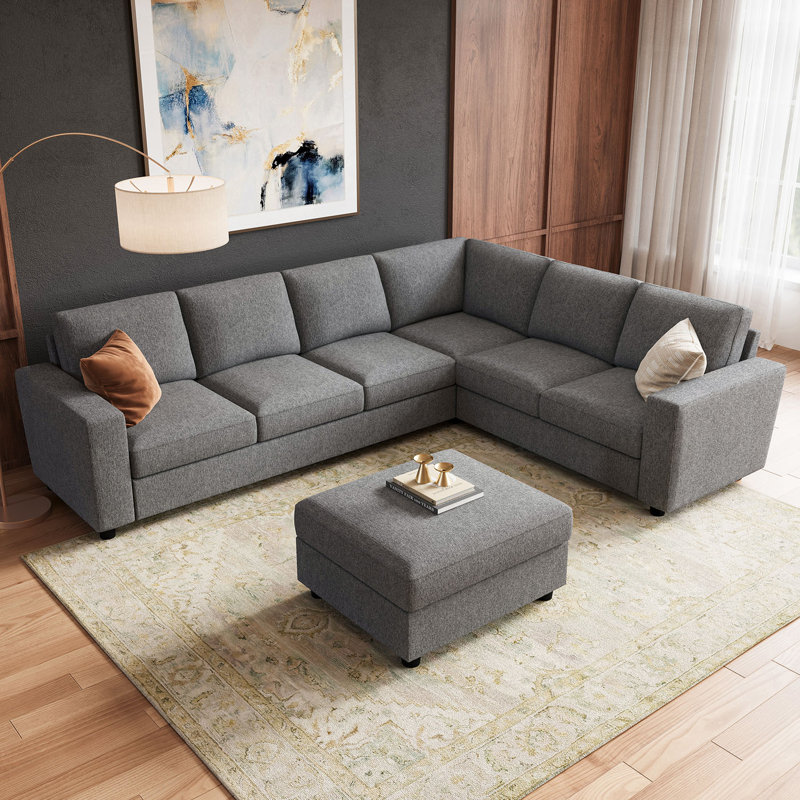 Canapé modulaire en U avec repose-pieds Abramson, H 33,9 po x l 102,4 po x P 79,9 po, Polyester gris
