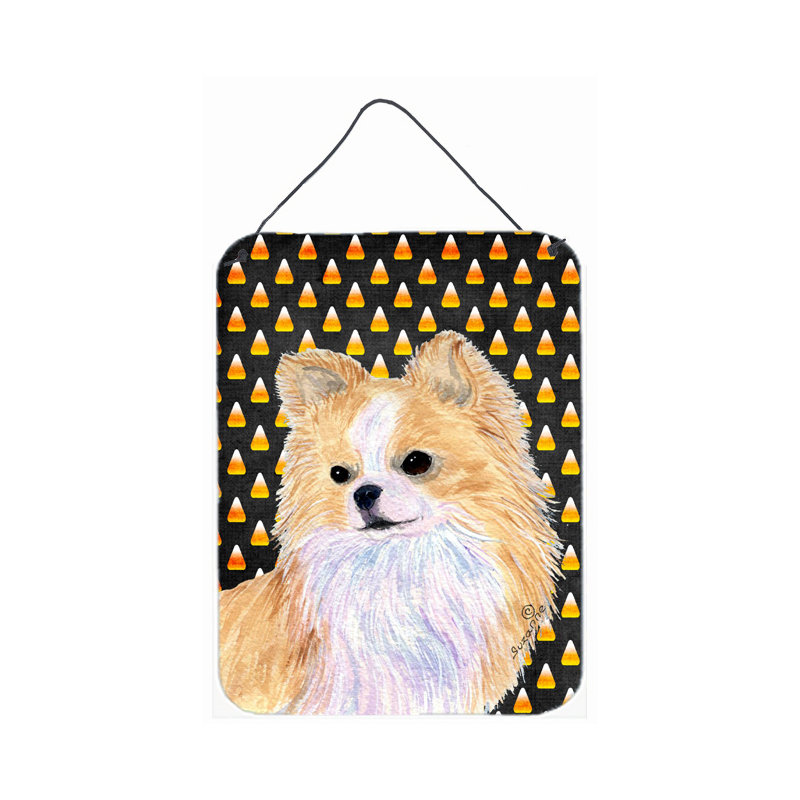 «Burniece Candy Corn», impression d'Halloween sur plaque, Chihuahua (beige et blanc)