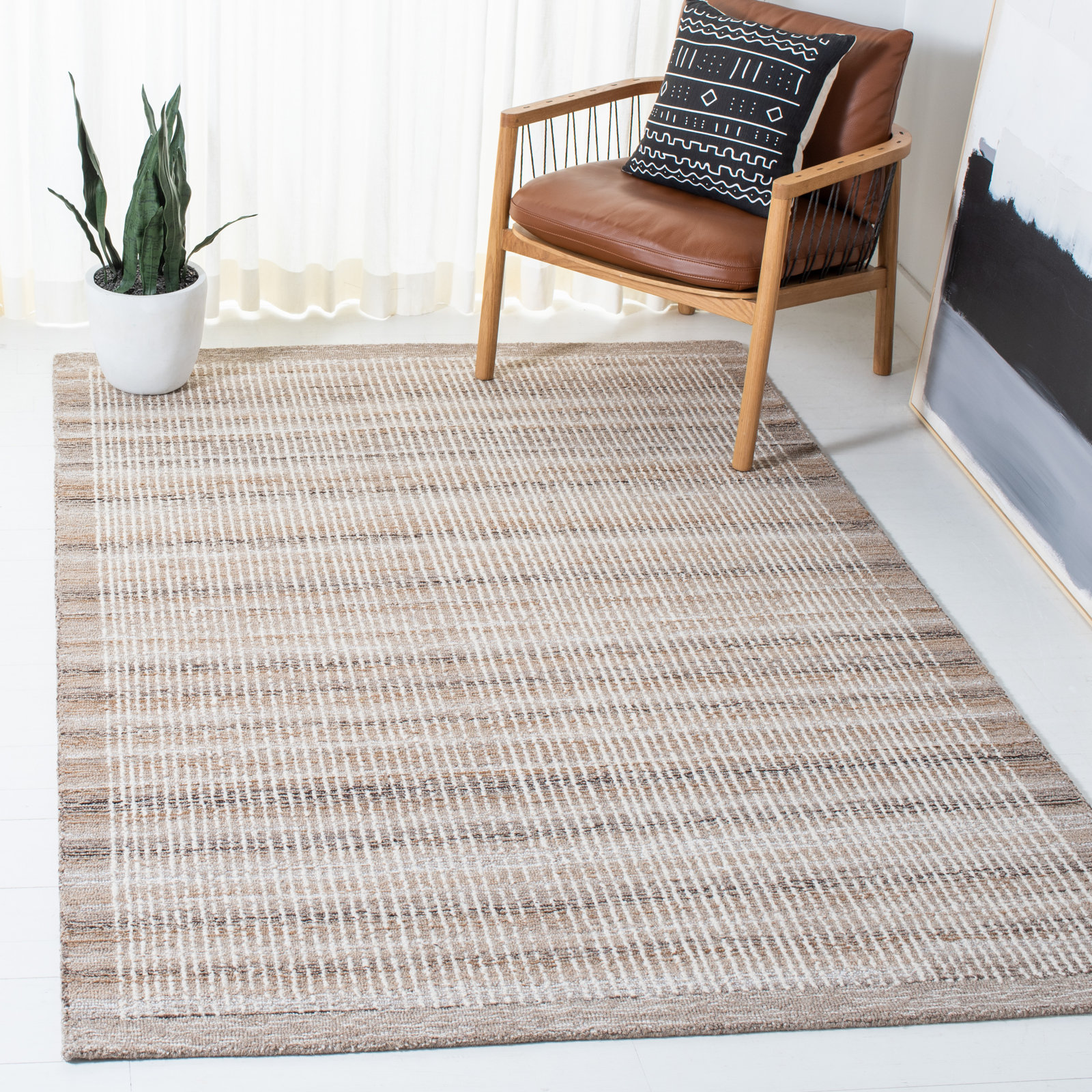 Ivory Light Brown Hand-Tufted Striped Wool Rug, Rectangle 8' x 10'
