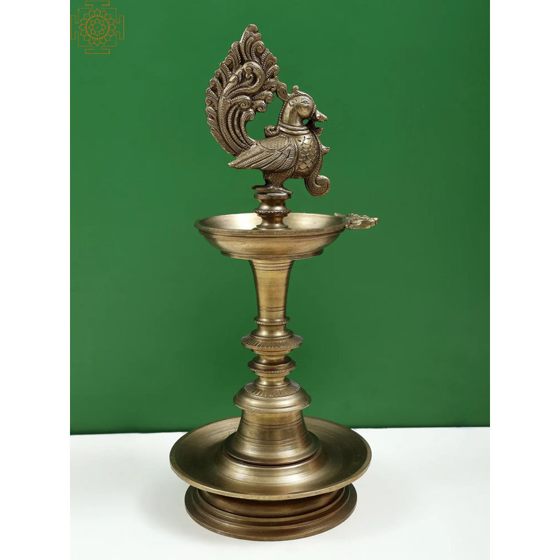 Lampe paon en bronze de qualité fine 12 po - Art de Hoysala fait à la main, lampe à huile traditionnelle indienne pour la maison et le temple