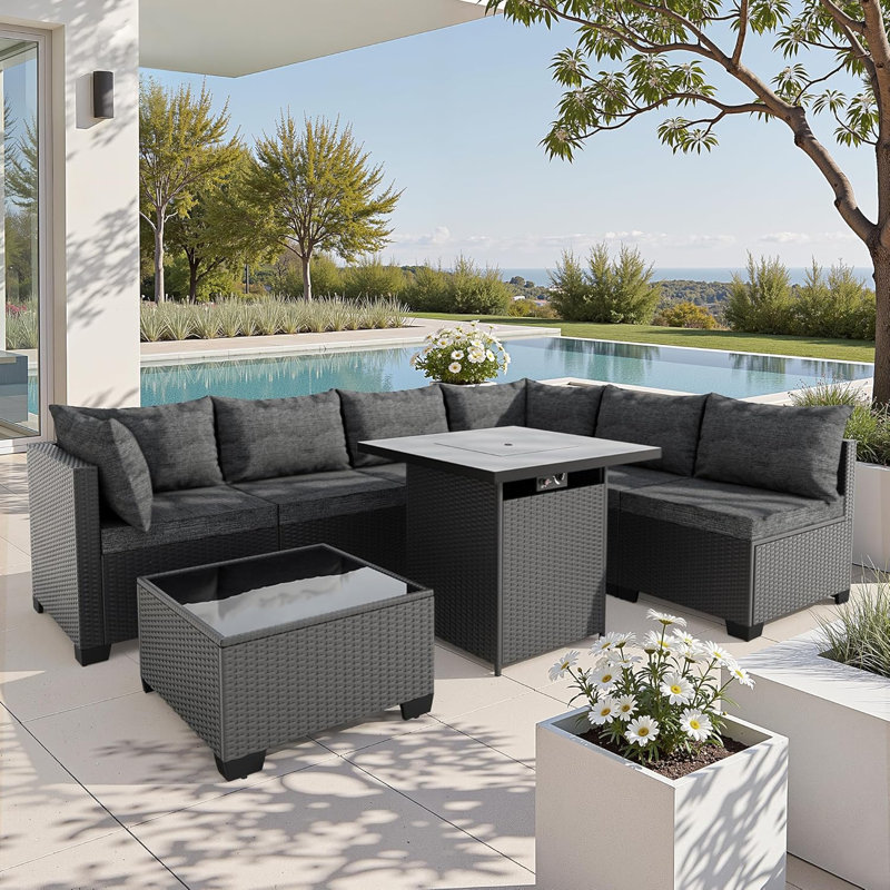  Ensemble de mobilier de patio avec table de foyer d'extérieur de 8 500 BTU, ensemble de conversation de patio extérieur en osier avec foyer au propane, ensemble de canapé de patio en rotin imperméable pour cour, terrasse et jardin