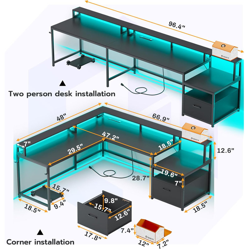 L-Shaped Computer Desk with Power Outlet, Black
