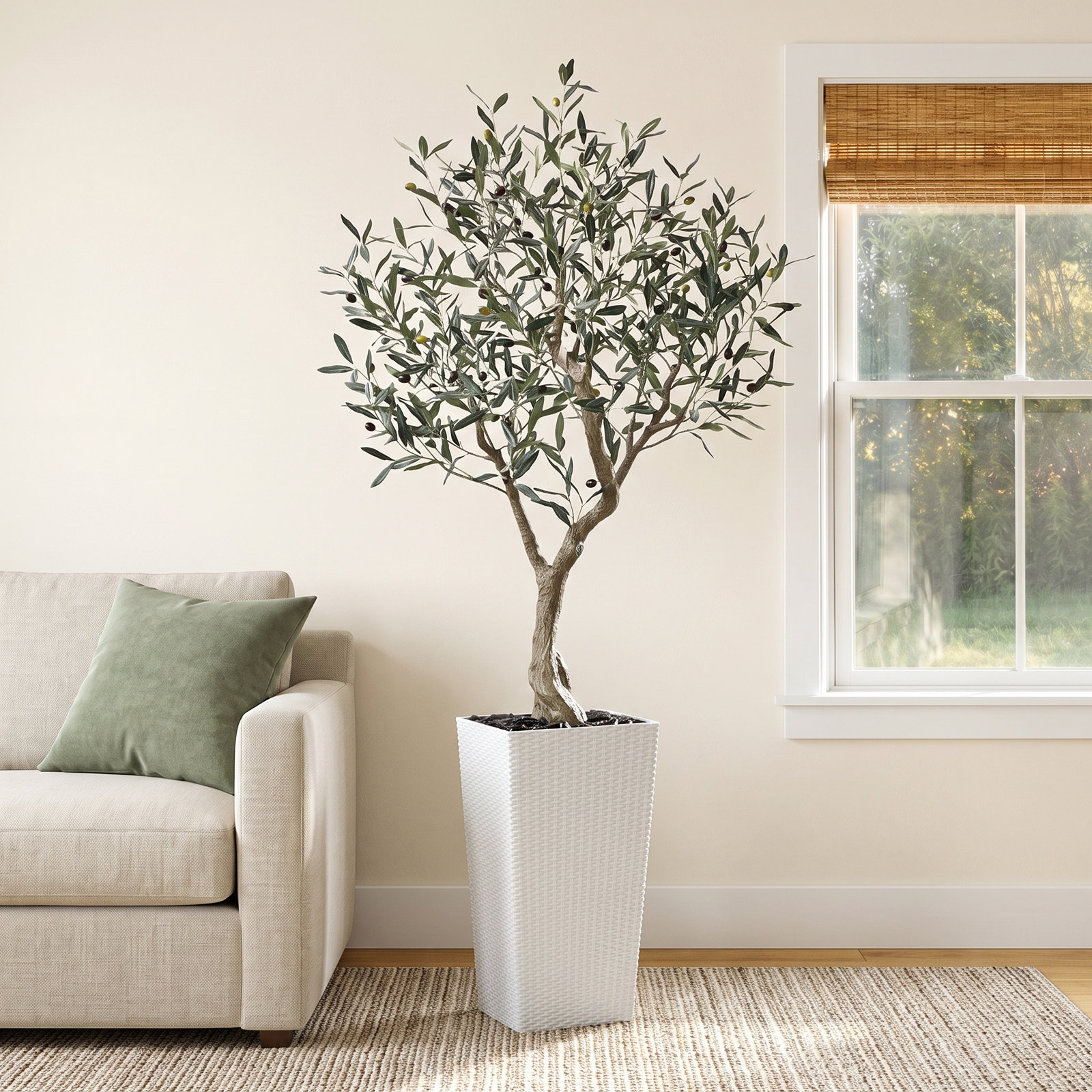 Olive Tree in Decorative Vase, White, 72" H x 24" W x 24" D