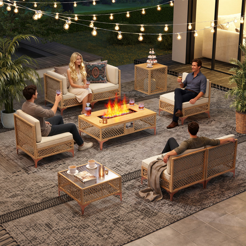 Ensemble de mobilier d'extérieur en rotin 7 pièces avec table de feu