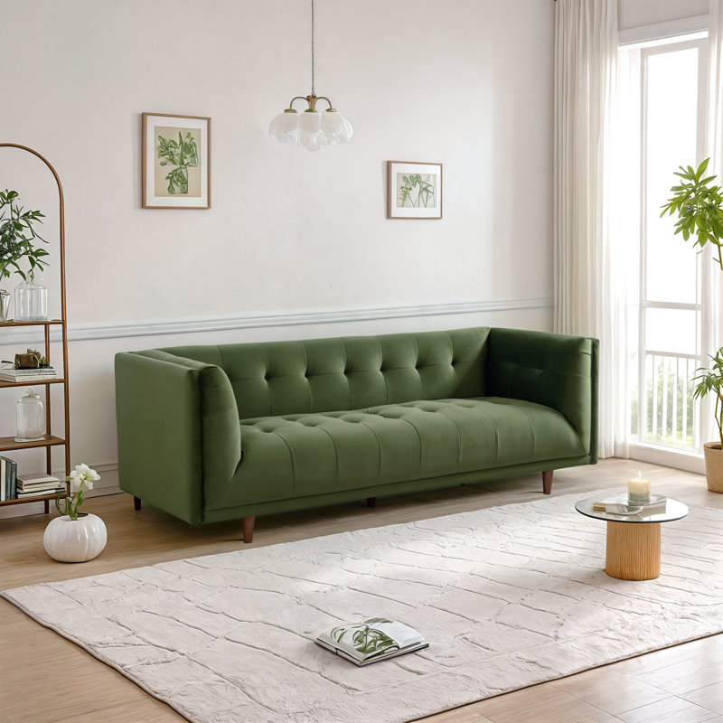 Canapé Vela Mid-Century moderne en velours avec dossier capitonné et pieds en bois massif, Vert