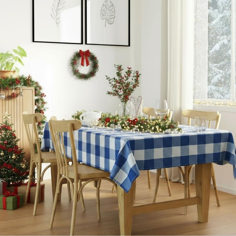 Dining Table Cover 56"x94" Recycled Cotton Tablecloth Buffalo Blue Checks Design Table Cloth For Decoration