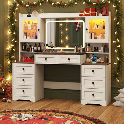 Bureau de meuble-lavabo 60 po avec miroir à DEL, lumières et station de charge, coiffeuse à maquillage en verre avec 8 tiroirs, armoire de rangement en verre à DEL, grande coiffeuse pour chambre à coucher