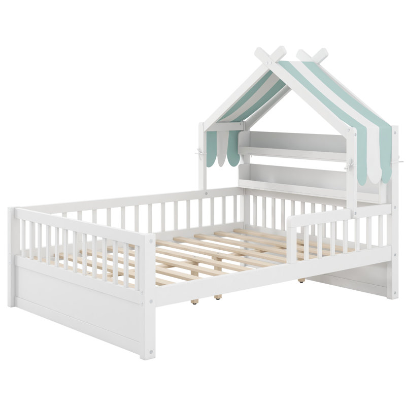 Lit double pleine grandeur en bois avec tablette de rangement pour tête de lit, blanc, Full, White